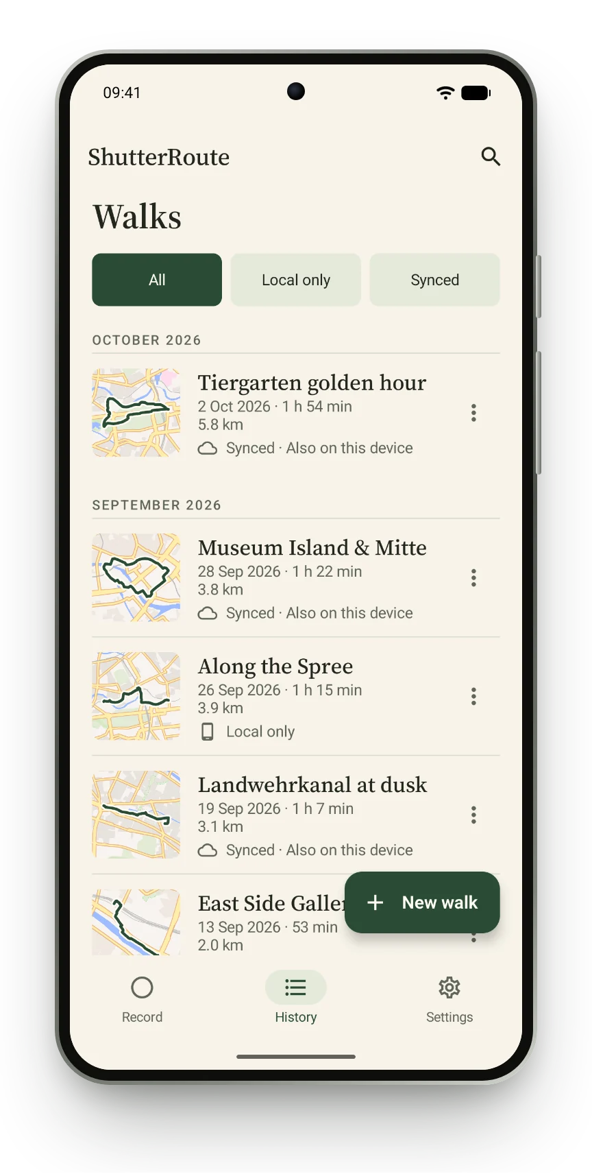 Android walk history grouped by month, each walk with a map thumbnail, distance, duration and sync status.