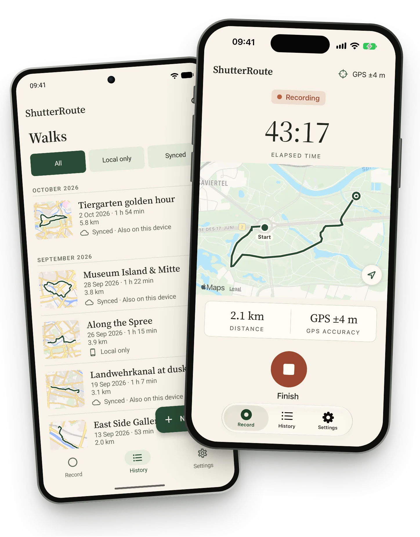 ShutterRoute on Android and iPhone: the walk history next to a walk being recorded through Tiergarten, 43 minutes and 2.1 km so far.